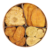 Подарочный набор сухофруктов в круглом боксе, в составе ананас, манго, груша и персик