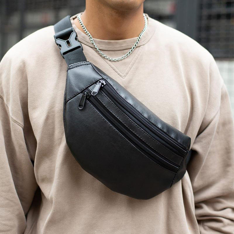 Сумка на пояс з еко-шкіри чорна унісекс для повсякденного використання бананка через плече, фото 1