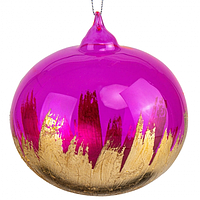 Стеклянный елочный шар овальный ярко-розовый с позолотой 12 см (уп.- 4 шт.)