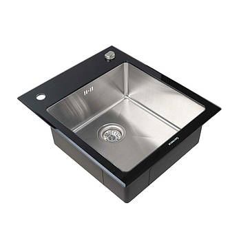 Мийка врізна чорна, раковина кухонна глянцева Platinum Handmade Glass 600х510х200 мм Black (34803)