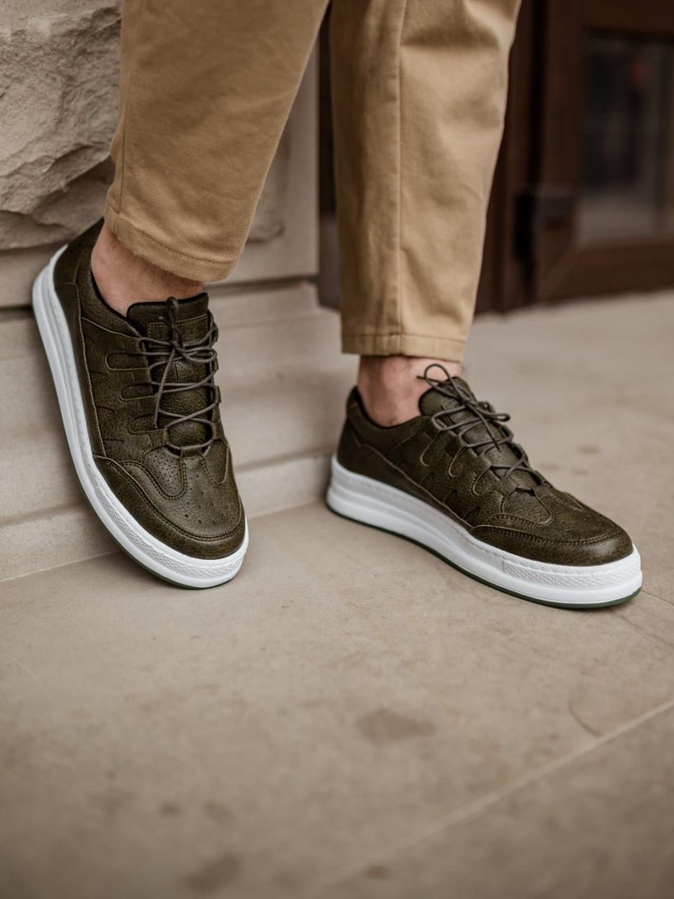 Мужские кожаные кроссовки повседневные на лето, прочные прошитые кроссовки зеленого цвета на шнуровке 41 - фото 2 - id-p1907176490