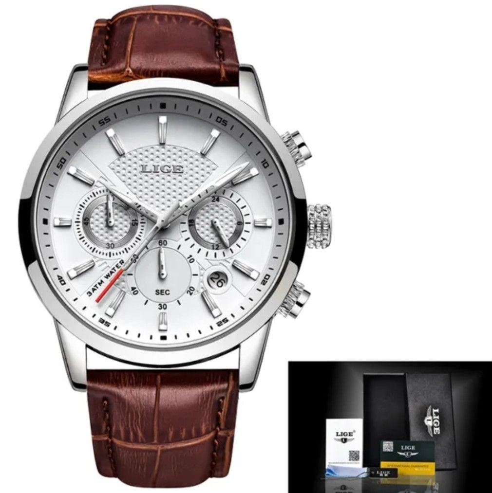 Наручний чоловічий годинник LIGE Standart Стильний кварцовий годинник із білим циферблатом і коричневим шкіряним ремінцем.
