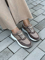 Кросівки жіночі шкіряні бежеві зі вставками замші высокое качество Размер 36