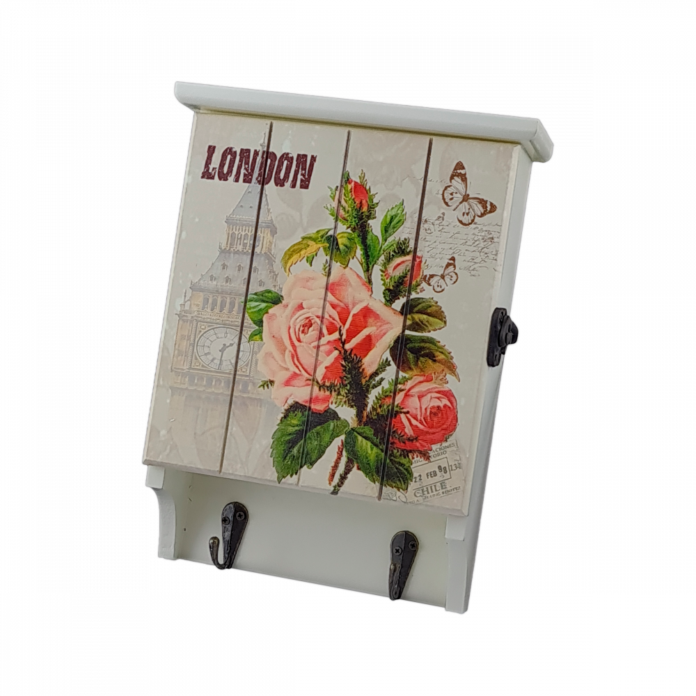Ключниця настінна дерев'яна з дверкою London білий 6 гачків 17*23*6 см OD-1085