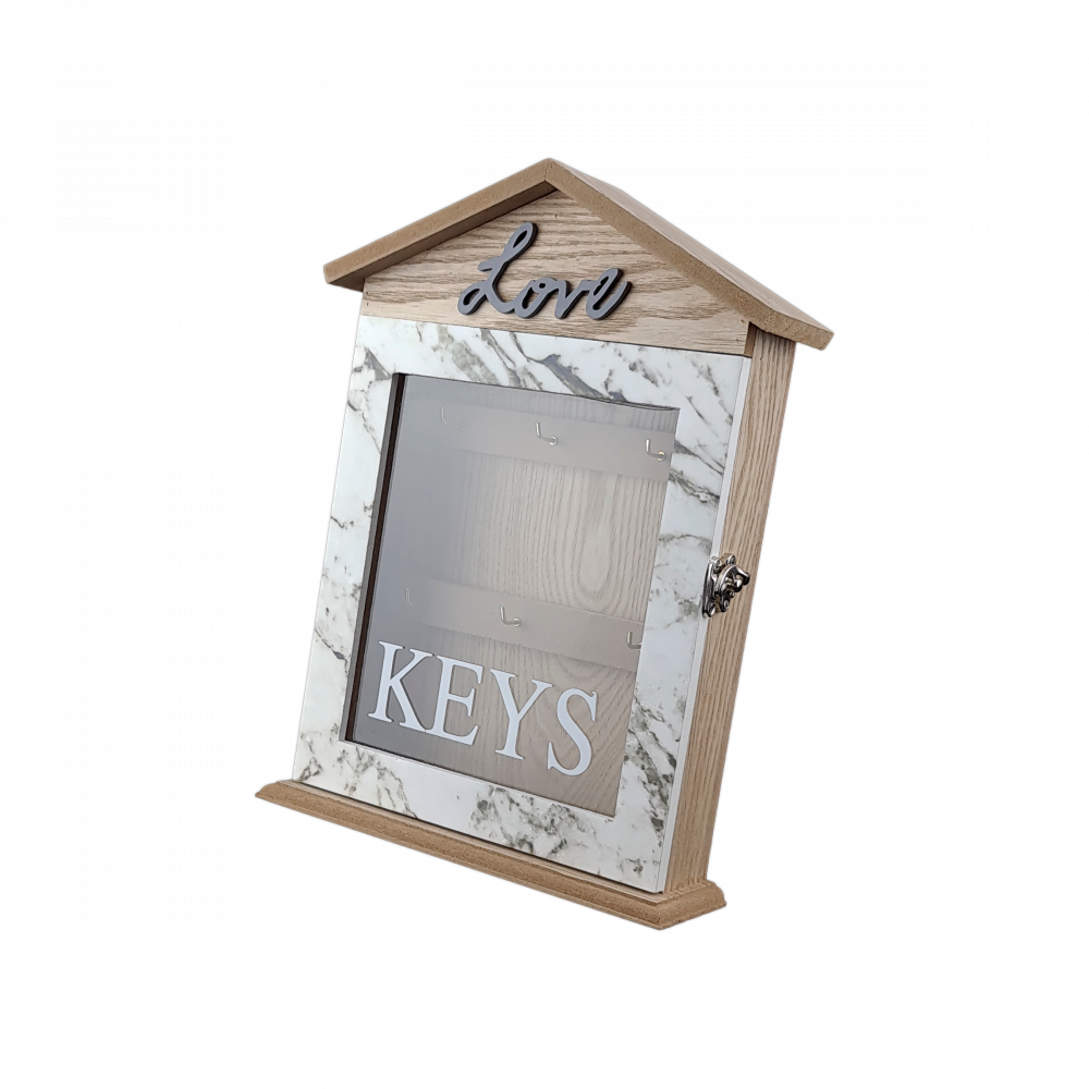 Ключниця настінна дерев'яна з дверкою keys мармурова 6 гачків 20*28*6 см OD-1068
