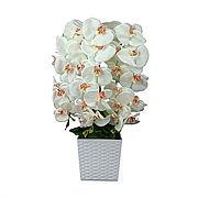 Штучна біла орхідея з червоною серединкою в білому кашпо 64 см CLN-018