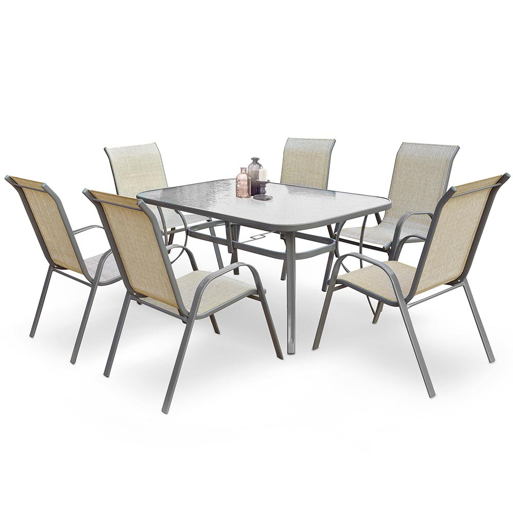 Обідній стіл та стільці для вулиці Mosler скляний на темно-сірих сталевих ніжках