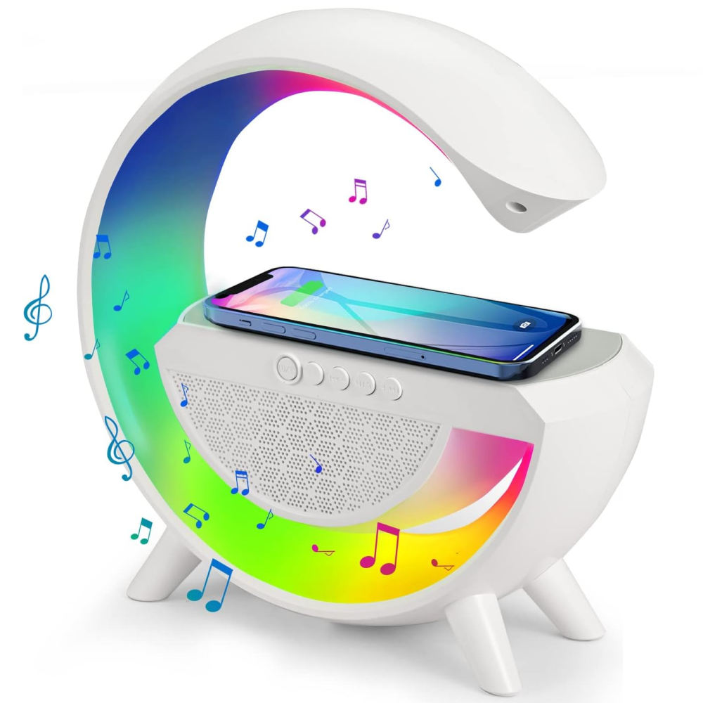 LED світильник з бездротовою зарядкою для телефону, Білий / Bluetooth колонка з підсвічуванням RGB, фото 1