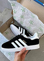 Кросівки жіночі Adidas Gazelle black white Адідас Газель низькі снікерс чорно-білі замша, фото 2
