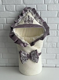 Зимовий конверт - ковдра з мереживом на виписку з пологового будинку для новонародженого Чарівність розмір 85х85 см Lari Кремовий