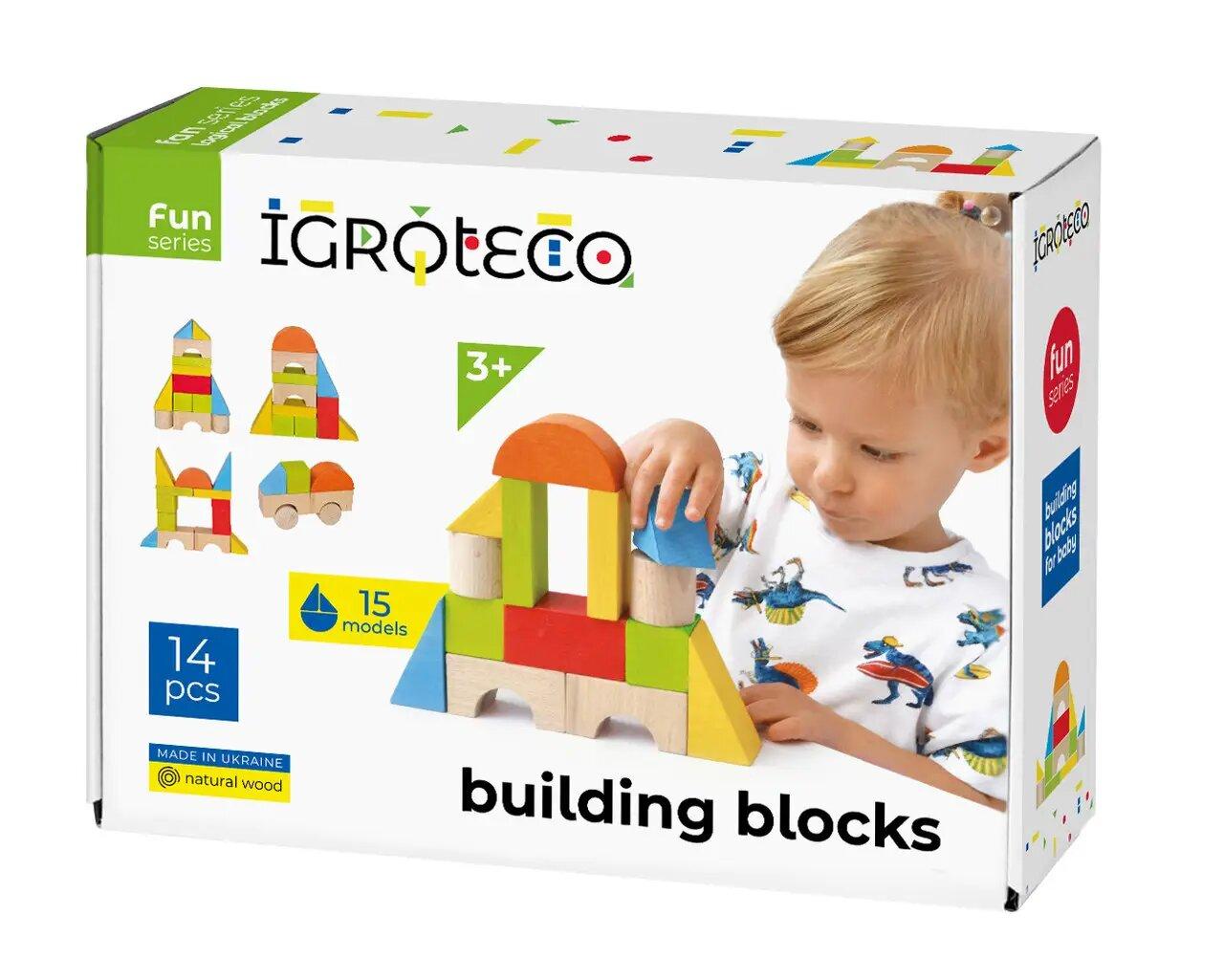 Розвиваючі дерев'яні будівельні блоки для малюків 14 фігур. Igroteco (900453)