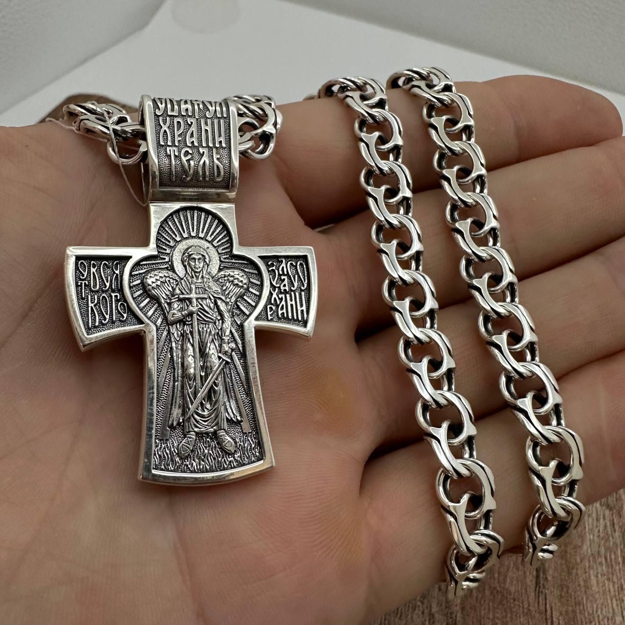 Комплект масивний чоловічий хрест та ланцюжок бісмарк 49 г срібло 925 проби 60 см