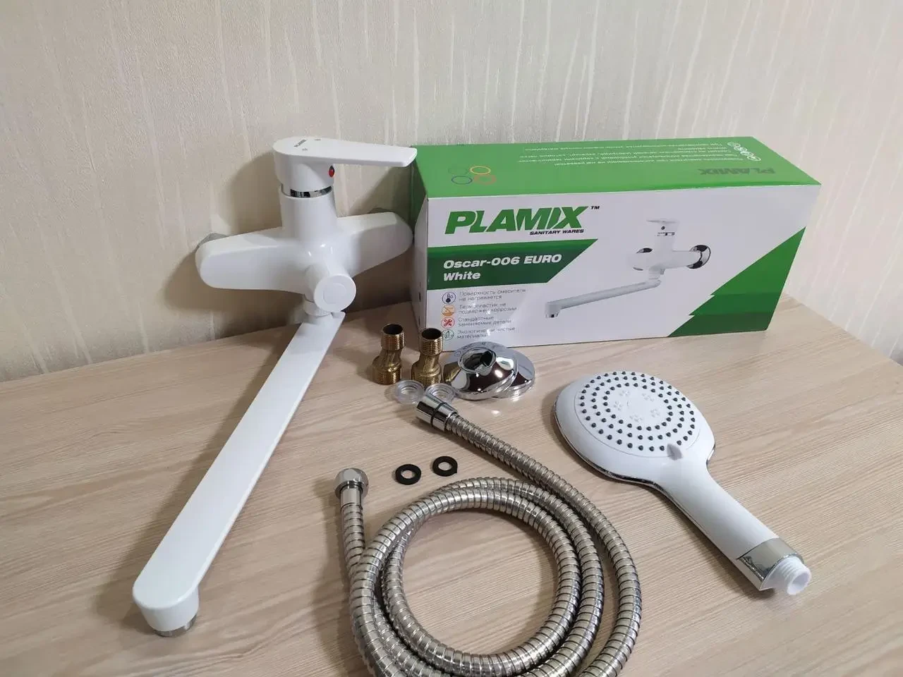Змішувач для душу та ванни з пластику з довгим поворотним виливом набором SW Oscar 006 euro White-5, фото 1
