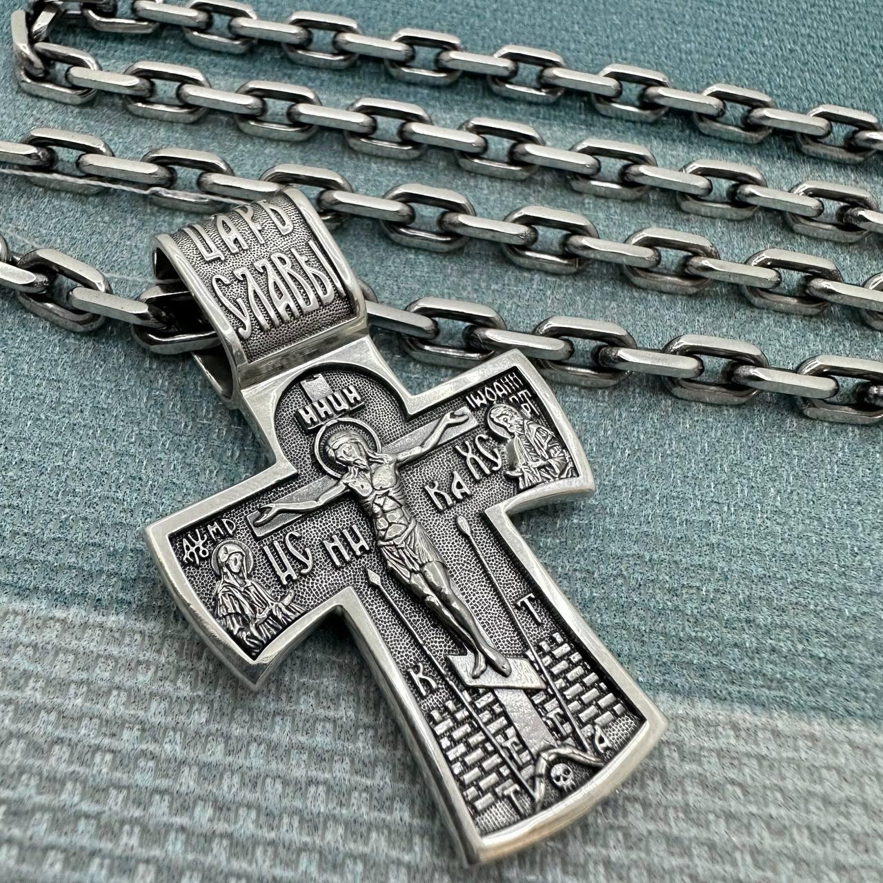 Чоловічий масивний комплект хрест та якірний ланцюжок срібло 925 проби