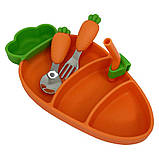 Дитяча силіконова тарілка з приборами на присоскі 3-х секційна “Морква” розмір 25х13 см Mumlove Помаранчевий, фото 3