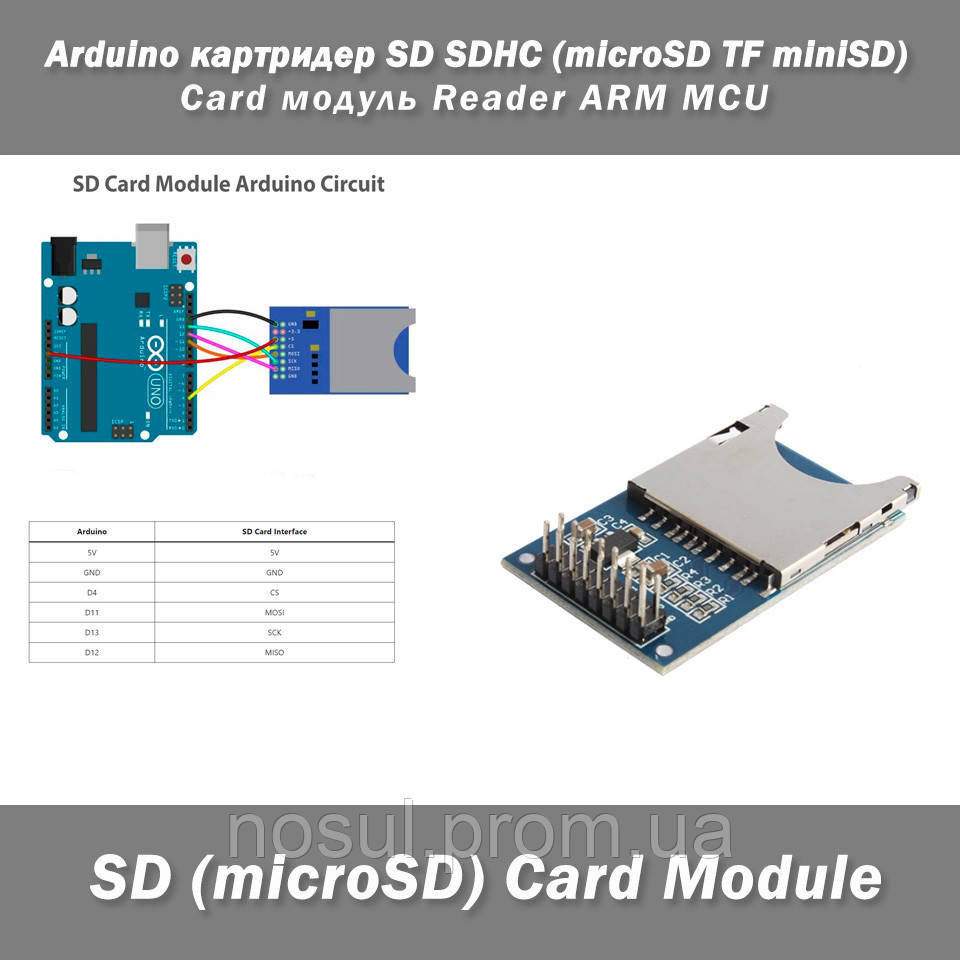 Arduino картридер SD SDHC (microSD TF miniSD через перехідник) Card модуль слот Reader ARM MCU з функціями читання та запису