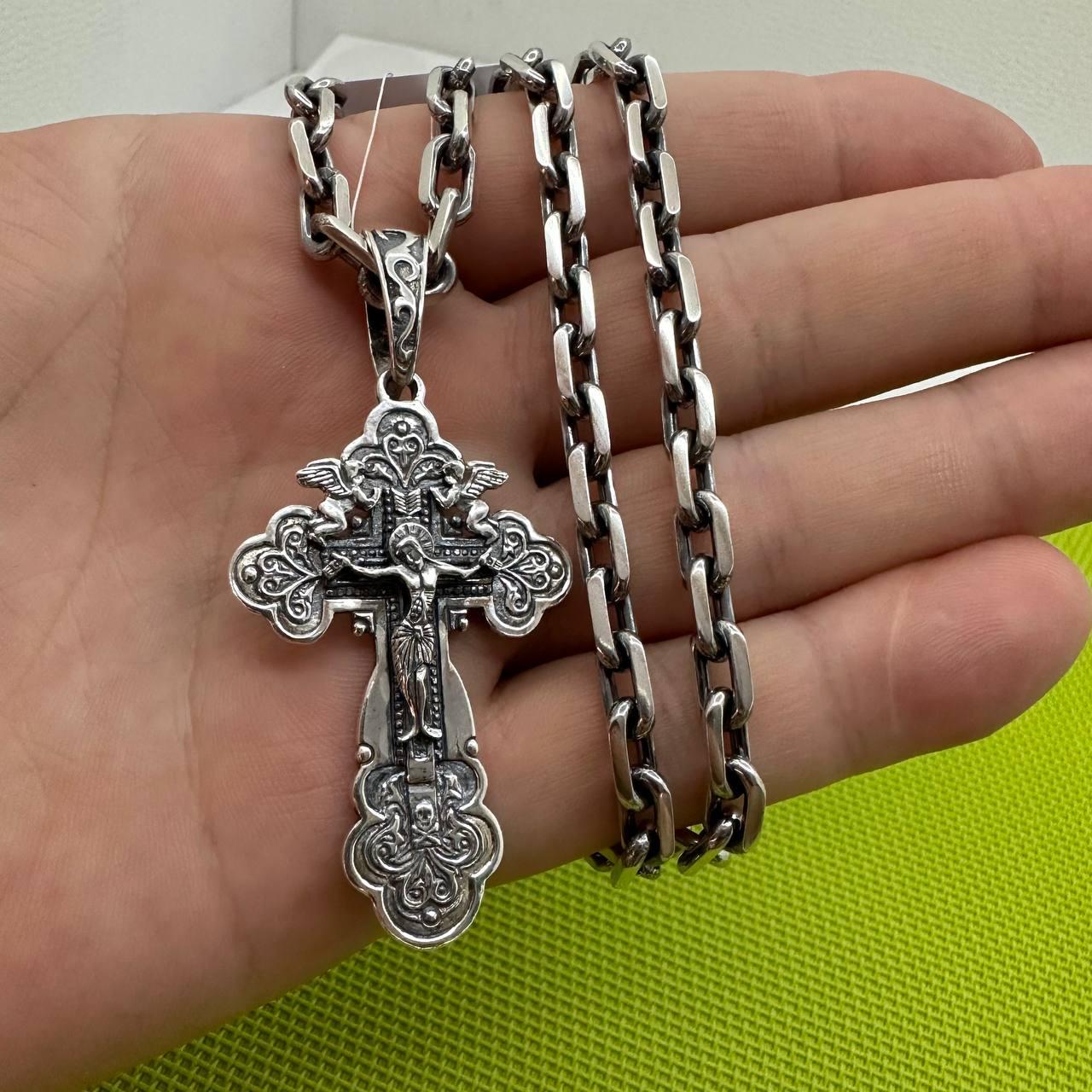 Чоловічий масивний комплект срібний хрестик та ланцюжок чорніння срібло 925 проби 60 см