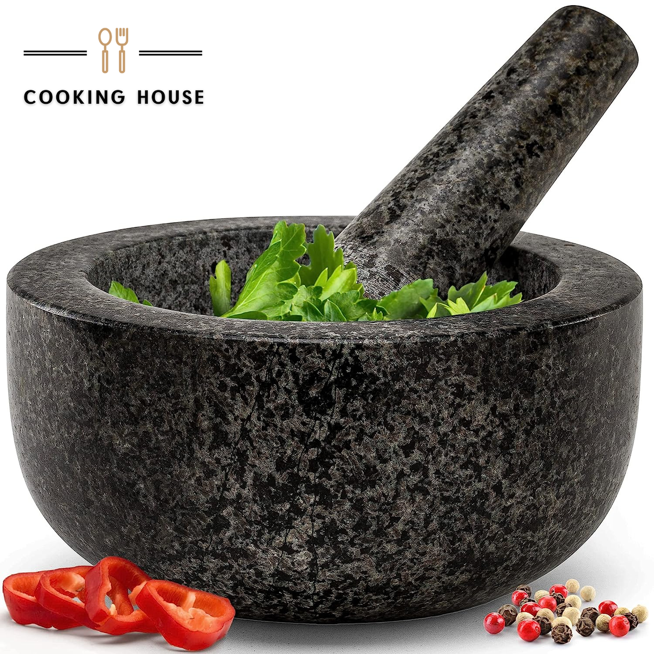 Гранітна ступка для спецій, трав і часнику Cooking House, натуральний камінь, діаметр 16 см, міцний і стильний аксесуар