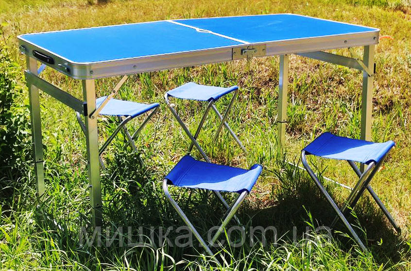 ПОСИЛЕНИЙ зручний розкладний синій стіл для пікніка та 4 стільця