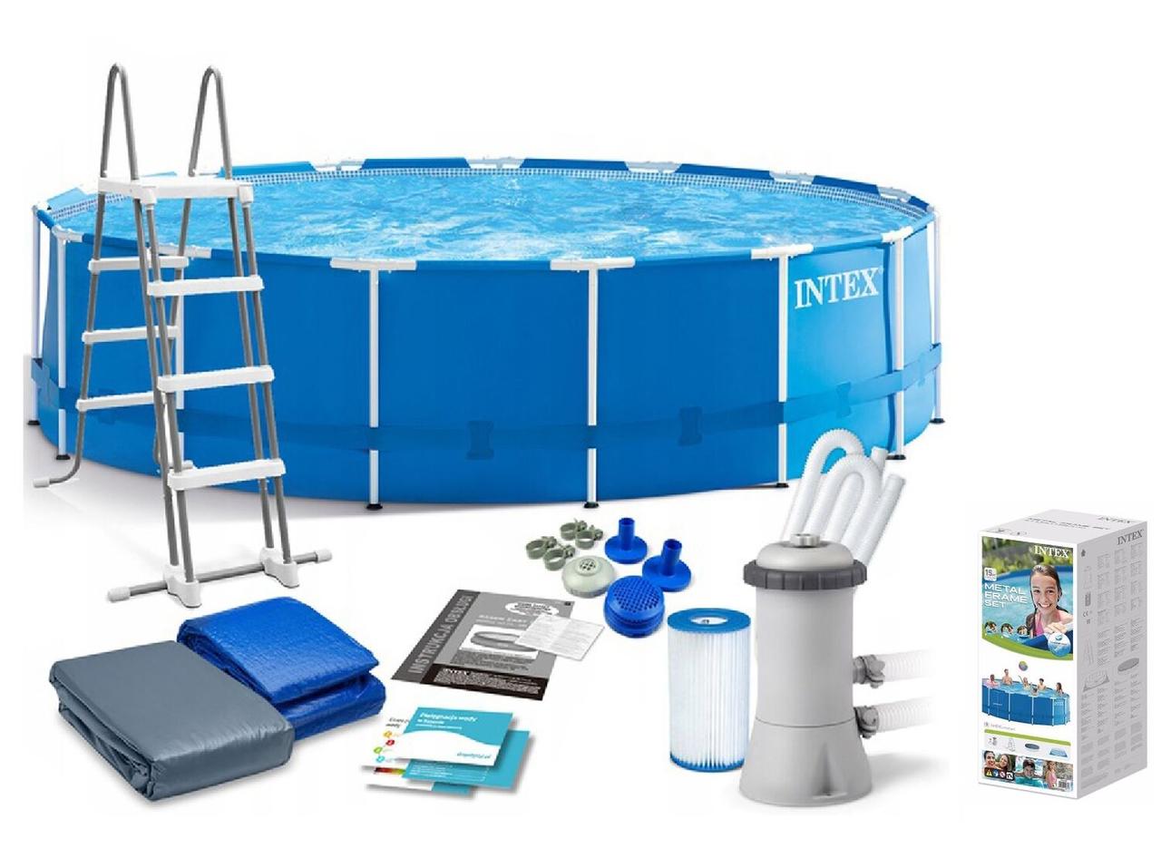 Каркасний басейн Intex 28242 від 6 років, сходи, тент, підстилка, насос і фільтр у комплекті, діаметр 457 см, фото 1