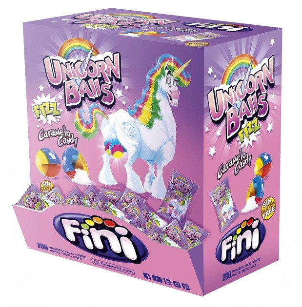 Жувальна Гумка (жуйка) з Шипучою Начинкою без глютена Fini Unicorn Balls 1000 г 200 шт Іспанія