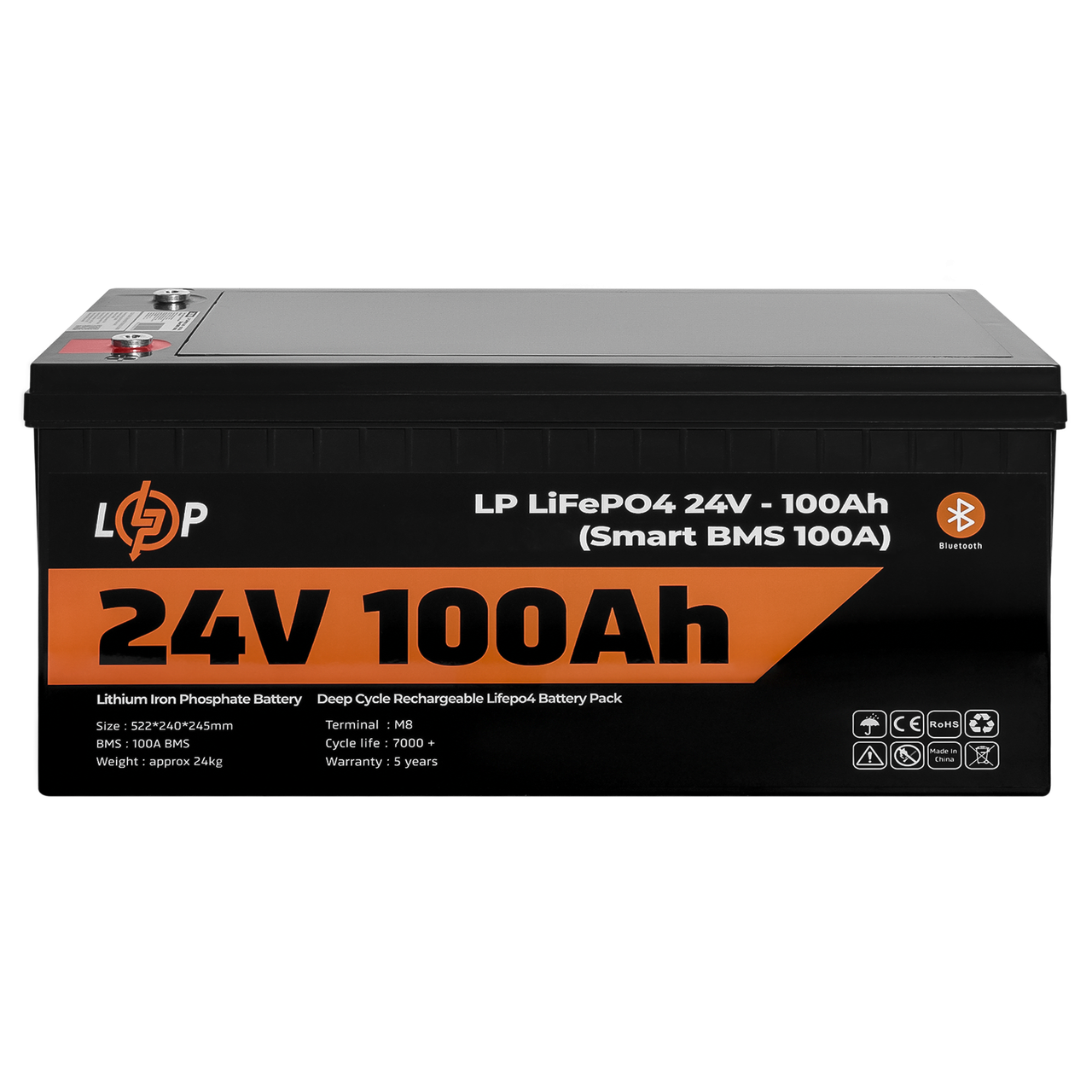 Акумулятор літієвий LP LiFePO4 з Bluetooth 24 вольт 100 ампер 2560Wh Smart BMS 100А для ДБЖ безперебійника