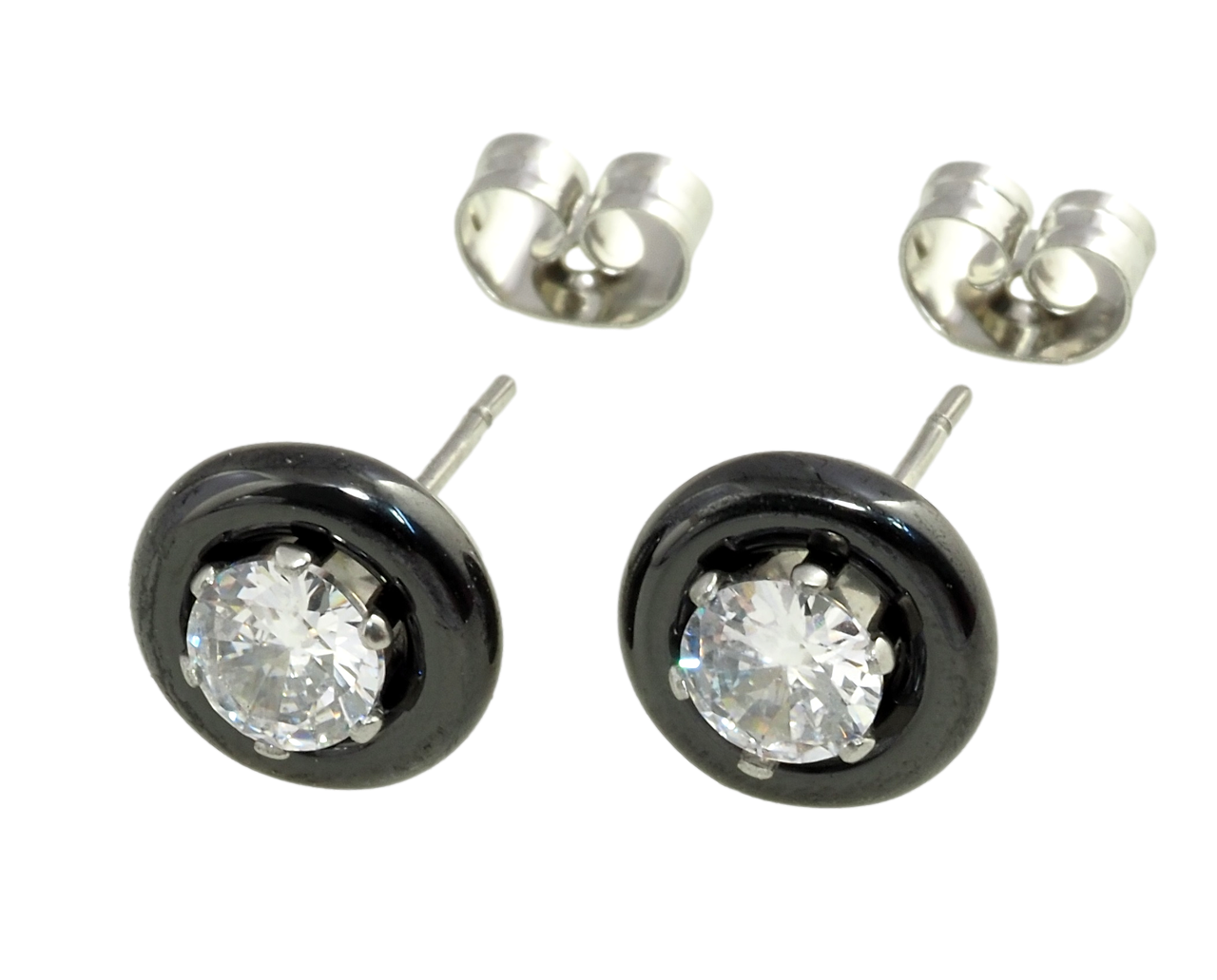 Сережки Xuping TTM Stainless Steel колір Родій пусети "Кола із чорної кераміки з цирконієм" ø 9мм, фото 1