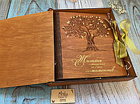 Дерев'яний альбом для фото "Дерево життя" із золотими елементами (листи А4) Горіхове дерево, фото 2