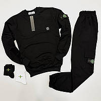 Демисезонный мужской спортивный костюм свитшот и штаны Stone Island Black Мужской комплект черный патчи