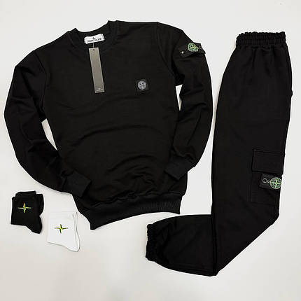Демісезонний чоловічий спортивний костюм світшот і штани Stone Island Black Чоловічий комплект чорний патчі, фото 1