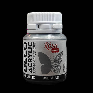 Фарба акрилова для декору 20 мл, металік, ROSA Acrylic DECO 56, Срібло