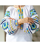 Вышиванка женская с оригинальной желто синей вышивкой, Вышиванка голубой орнамент, Недорогие вышиванки