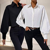 Женская блуза-рубашка с широким длинным рукавом стильная софт, белая, черная, размер 42/44, 46/48