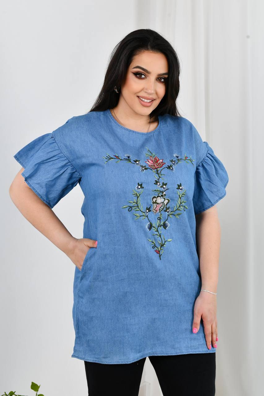 Блузка з коротким рукавом мул легкої джинси розміри батал
