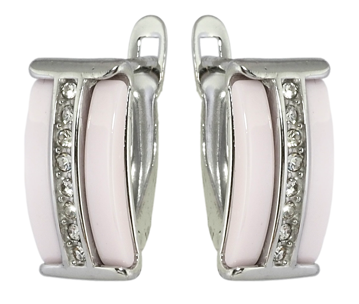 Сережки Xuping TTM Stainless Steel колір Родій англійський замок "Доріжки цирконію із вставками рожева кераміка"