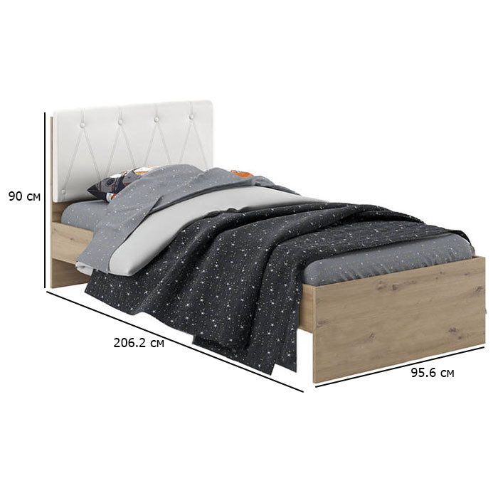 Односпальне ліжко з м'яким узголів'ям Тоні 90х200 см дуб артизан з білою екошкірою
