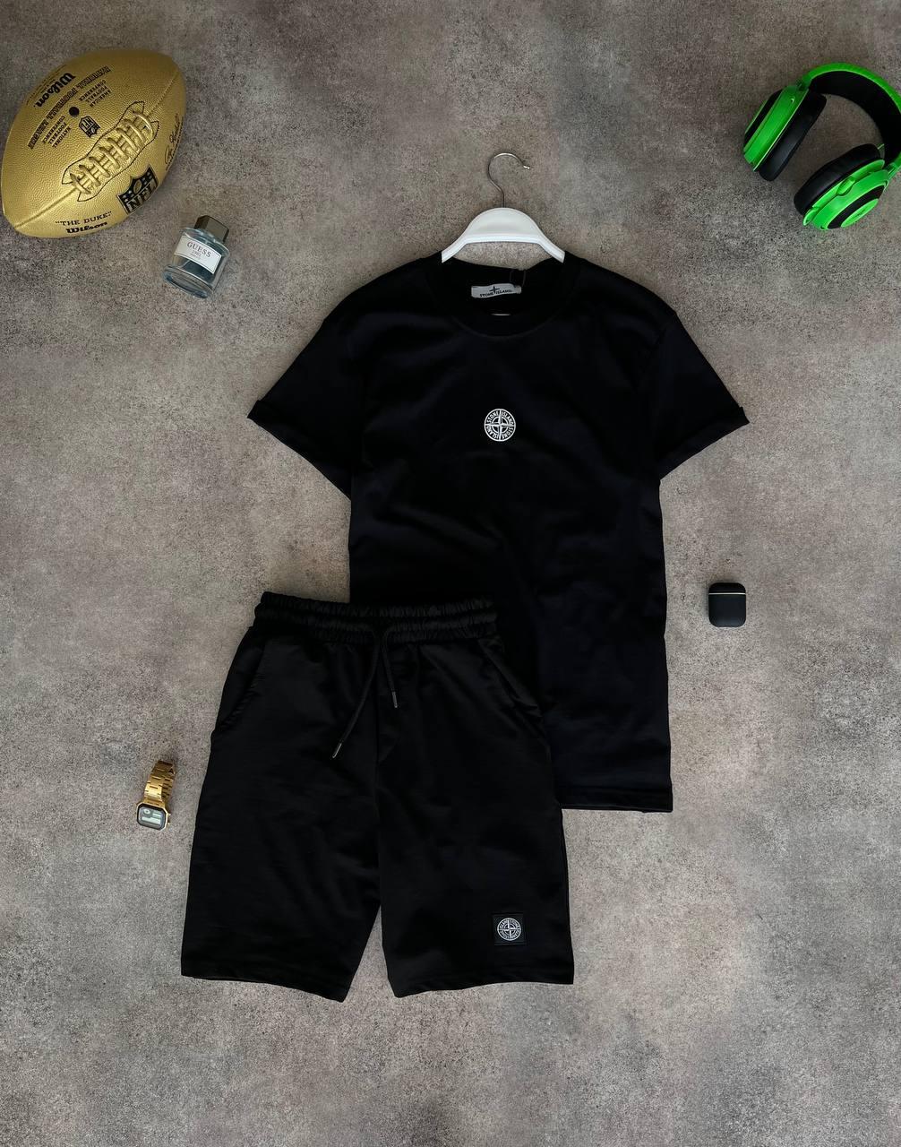 Костюм чоловічий літній чорний футболка та шорти фірмовий Stone Island (Стон Айленд)