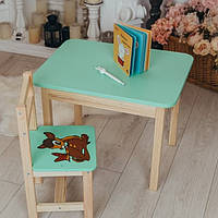 Стол с ящиком и стул зеленый детский Олененок. Для учебы, рисования, игры.