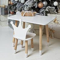 Подарок! Детский белый прямоугольный столик и стульчик корона белая. Столик для игр, уроков, еды. Белый столик