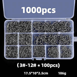 Рибальські гачки набір 1000 шт. розміри (3-12), 10 різновидів за 100 шт. кожного. Гачки для риболовлі, фото 3