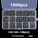 Рибальські гачки набір 1000 шт. розміри (3-12), 10 різновидів за 100 шт кожного, Гачки для риболовлі, фото 2