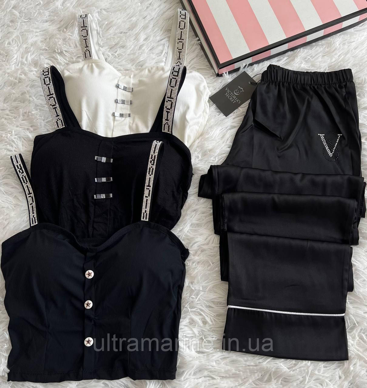 Стильний жіночий комплект костюм для дому Victoria's Secret топ та штани чорний (Вікторія Сикрет)