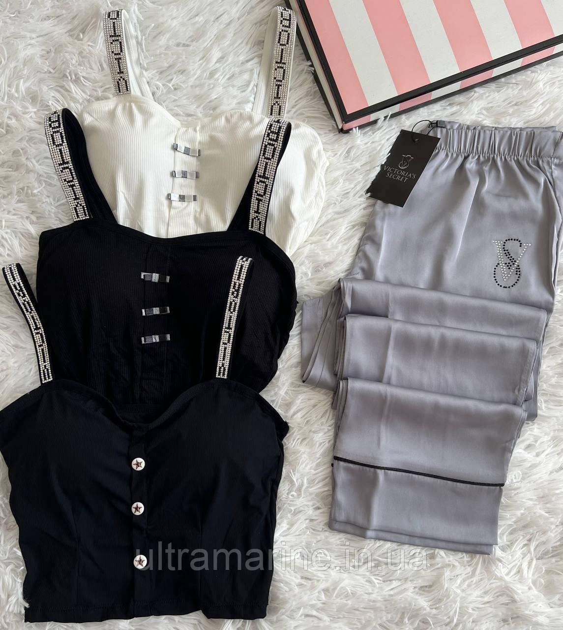 Стильний жіночий комплект костюм для дому Victoria's Secret топ та штани сірий (Вікторія Сикрет)