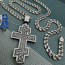 Срібний комплект ланцюжок плетіння бісмарк та православний хрестик чорніння срібло 925 проби, фото 2