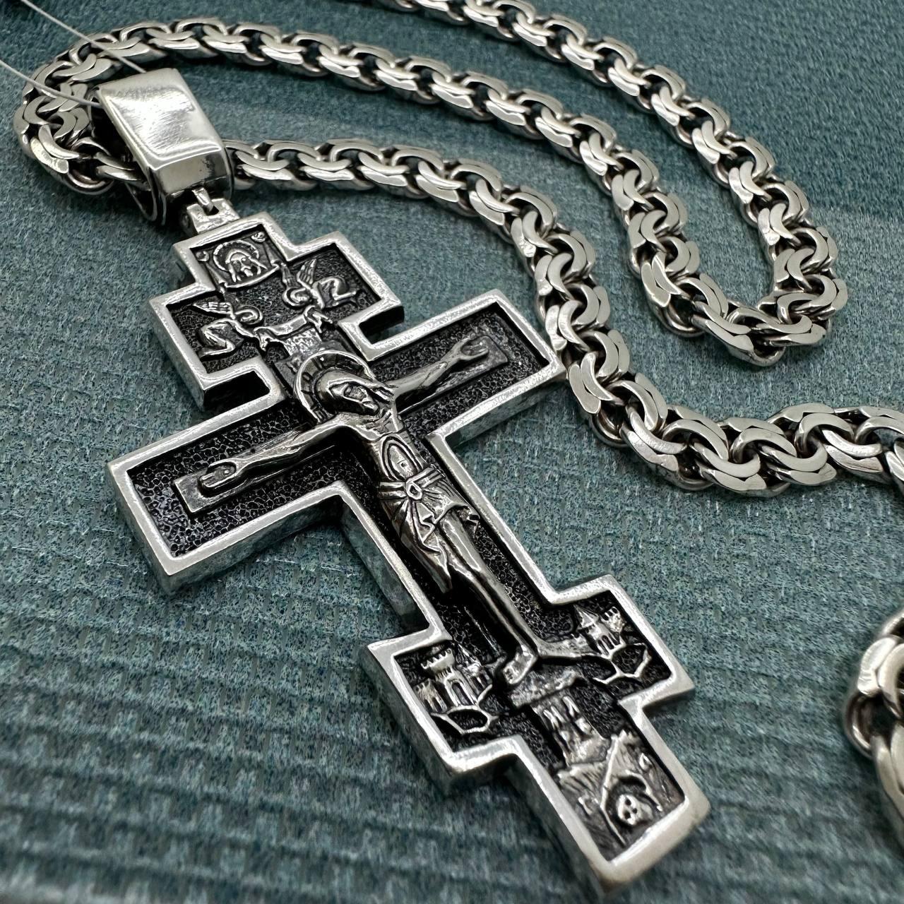 Срібний комплект ланцюжок плетіння бісмарк та православний хрестик чорніння срібло 925 проби