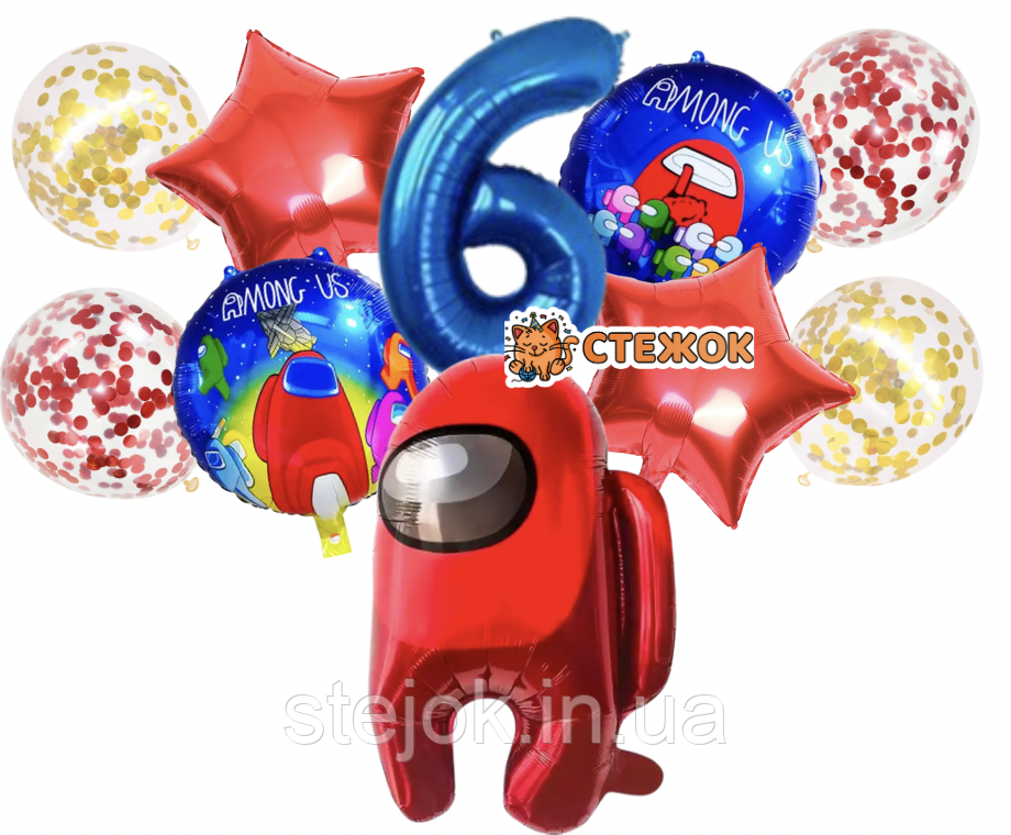 Набір із куль червоний АМОНГ АС із цифрою, фото 1