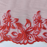 Ажурне мереживо вишивка на сітці: помаранчева нитка на бузковій сітці, ширина 22 см, фото 8
