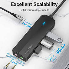 Активний USB Хаб Typ-C Розгалужувач для Ноутбука Макбука з виходом на мікрофон, навушнки 5в1 Vention (TGQBB), фото 4