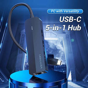 Активний USB HUB Type-C із зовнішнім живленням Перехідник для Ноутбука, Макбука Vention 3xUSB 2.0 RJ45 (TGOBB), фото 3