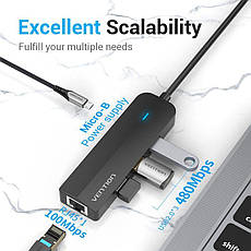 Активний USB HUB Type-C із зовнішнім живленням Перехідник для Ноутбука, Макбука Vention 3xUSB 2.0 RJ45 (TGOBB), фото 4